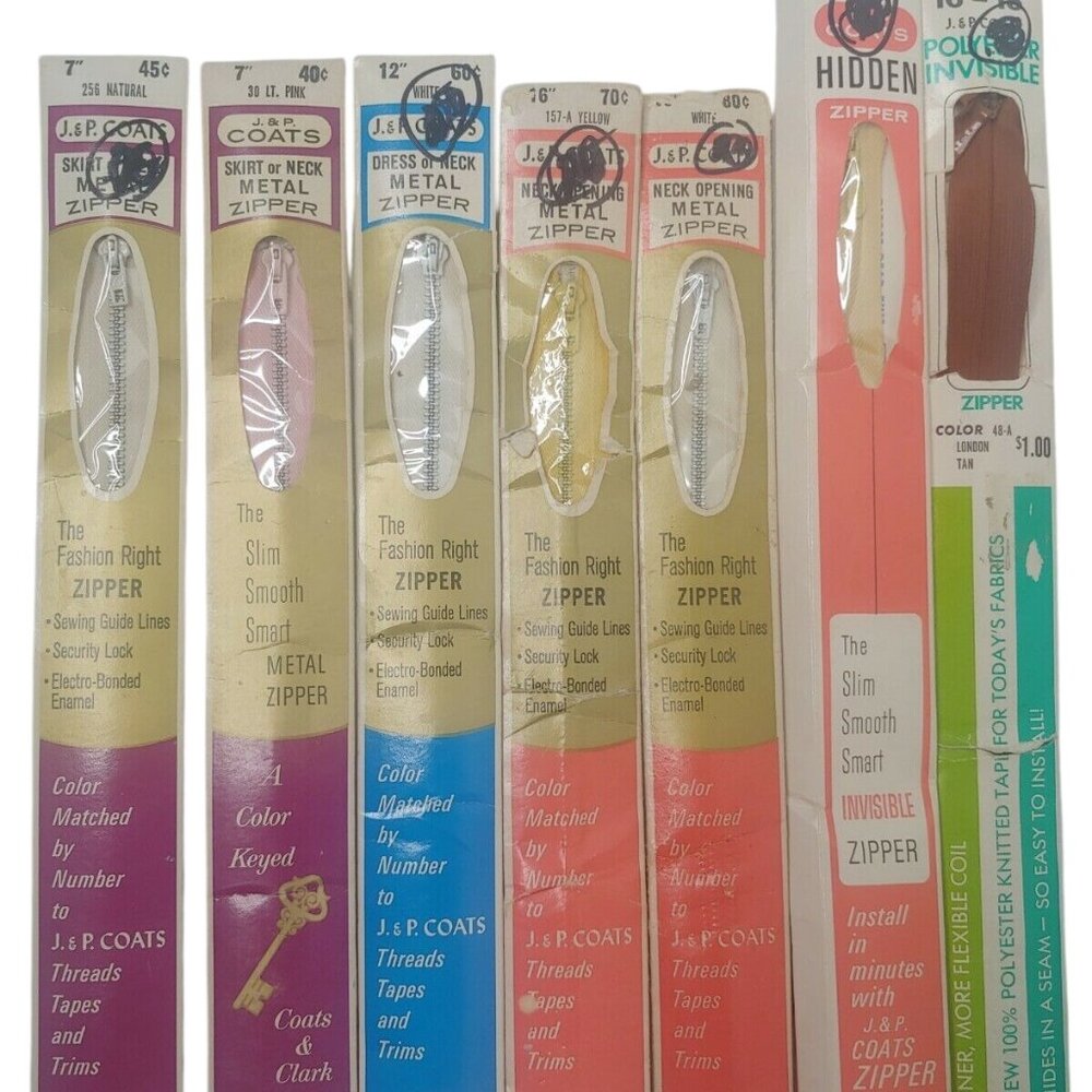 Vintage J&P Coats Zipper Lot 7 Assorted Sizes Colors 7" 12" 16" 16-18" Sewing